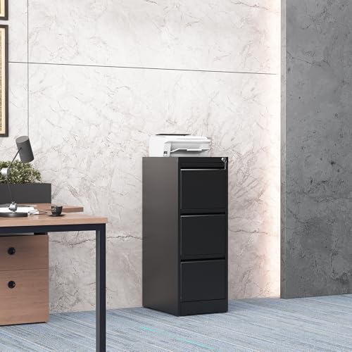 3 Drawer File Cabinet for Home Office, Vertical Filing Cabinet | Metal Lockable File Cabinet for Storage, Ideal for Legal/Letter/A4 Files, 40.4"H x 17.7"D x 15.2"W, Require Assembly, Black - color: Black, size: 40.4"H - 3 Drawer