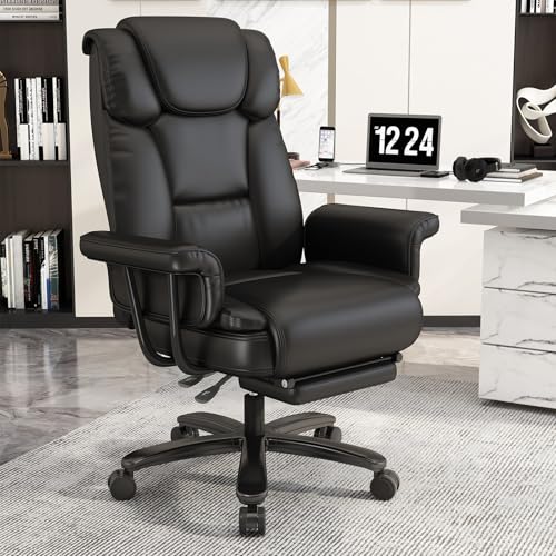 GYI 160 Reclining Office Chair with Footrest, Big & Tall Desk Chair, Black | Cross Legged Seat, High Back, Faux Leather, Heavy Duty Base, Adjustable Height, for Home, Executive - color: Black