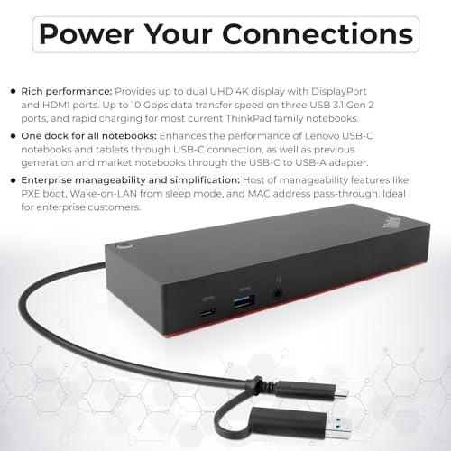 40AF0135US Lenovo Docking Station Dual Monitor Hybrid USB-C with USB-A - 1 Year Warranty, Thinkpad Dock w/ 135W Adapter, ANYHDD HDMI, DisplayPort, USB-C Cables, Cloth - Lenovo Laptop Docking Station - style: 40AF0135US New