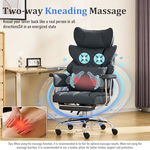 500 Lbs Kneading Massage Office Chair with Foot Rest Reclining Black | Ergonomic Computer Chair, High Back Thick Cushion, Big & Tall, Comfy Leather, Heavy Duty Home Executive - color: Black