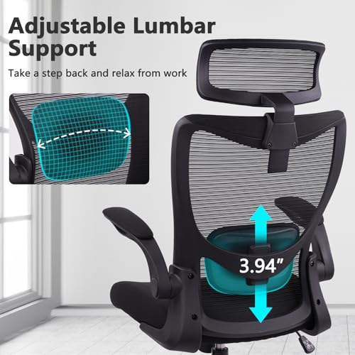 CLATINA Heavy Duty Ergonomic Mesh Office Chair 400LBS, Big and Tall Desk Chair with Adjustable Lumbar Support & Headrest, Flip Up Padded Arms, Swivel Computer Chair for Home, Conference, Black, 4 PACK - size: 4 PK