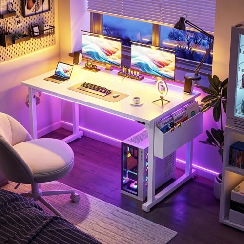 DurayLoly 48" Gaming Desk with Waterproof LED Lights for Bedroom,White - color: White, size: 48 IN