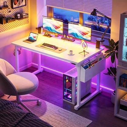 DurayLoly 48" Gaming Desk with Waterproof LED Lights for Bedroom,White - color: White, size: 48 IN