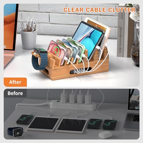 Pezin & Hulin Bamboo Charging Station with 5 Cables-Natural Bamboo - color: Dock Stand +Cables