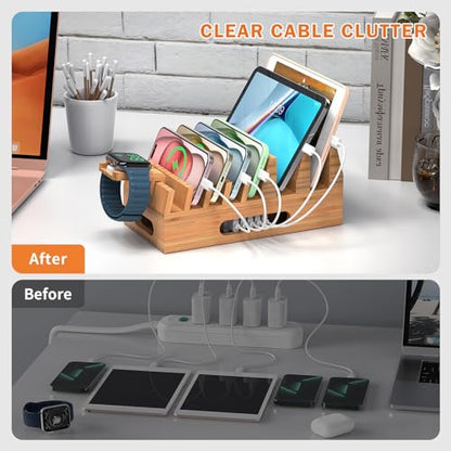 Pezin & Hulin Bamboo Charging Station with 5 Cables-Natural Bamboo - color: Dock Stand +Cables