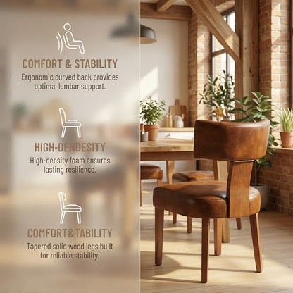 HNY Mid Century Modern Dining Chairs Set of 2, Farmhouse PU Leather Upholstered Accent Chair Curved Backrest Kitchen Chairs, with Hardwood Frame, Brown - color: Brown Curved