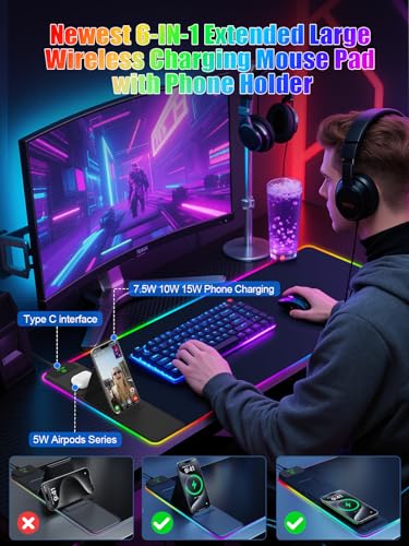 Mouse Pad with Foldable Phone Holder & Wireless Charger, XXL RGB Gaming Mousepad 31.5"x15.8" Large Desk Mat for Keyboard, Black Desk Pad with Dual Qi Charging Station | 11 Colors 5 Modes | Waterproof - color: 31.5x15.75"Phone Stand-Black w/PD Charger Upgr
