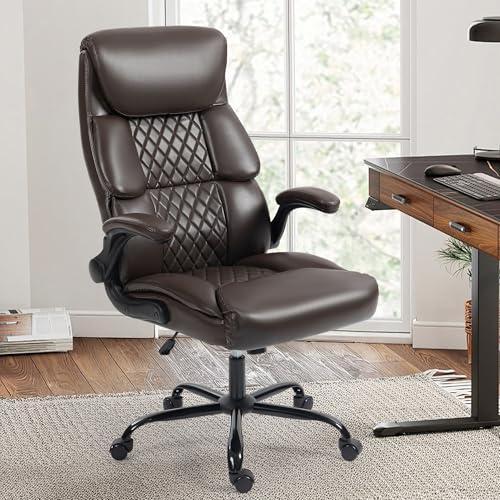 Office Chair - Ergonomic High Back Computer Desk Chair with Rocking Function & Lumbar Support - Executive Comfortable Wide Swivel Rolling Office Leather Chair with Flip-up Armrests for Home Gaming - color: Brown, size: 9008 With Flip-up Armrests