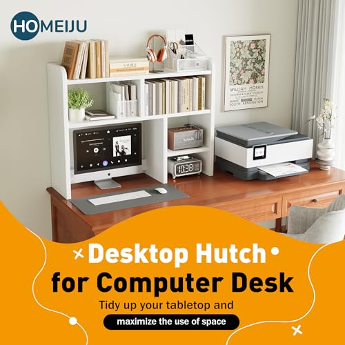 Desk Shelf, Desktop Hutch with 6 Storage Areas, Desktop Organizer Shelf with 27" Large Monitor Compartment, Multipurpose Wood Desktop Display Rack for Computer Desk, Dorm, Office, Home (White)