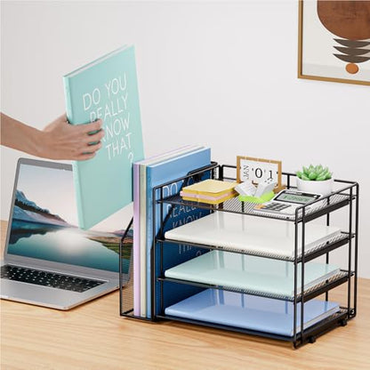 Marbrasse 4-Tier Paper Tray Organizer with File Holder, Black | Sturdy Paper Tray, Built-in File Holder, fits Letters/Docs, Saves Desk Space, for School/Office/Home - color: Black
