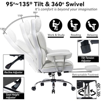 Efomao Big and Tall Office Chair 400lbs – High Back Executive Chair with Swivel Base, PU Leather Upholstery, Lumbar Pillow, Padded Armrests, and Rolling Wheels，White Computer Chair - color: 3008y White