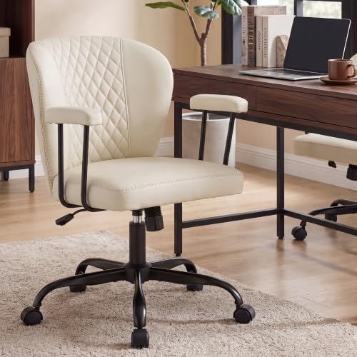 MALOL Leather Office Chair with Removable Arms, Beige | Modern Comfortable Desk Chair with Wheels, Adjustable Ergonomic Computer Office Chairs for Desk with Lumbar Support - color: Beige, size: Set of 1