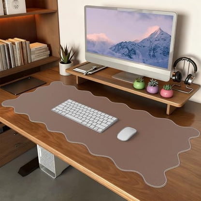 iCasso Leather Desk Pad,Extra Large Mouse Pad for Laptop,Waterproof PU Nail Table Mat,Cute Scalloped Keyboard Mats for Women Girl,Non-Slip Desk Cover Mat for Office Home School - color: Reddish Brown