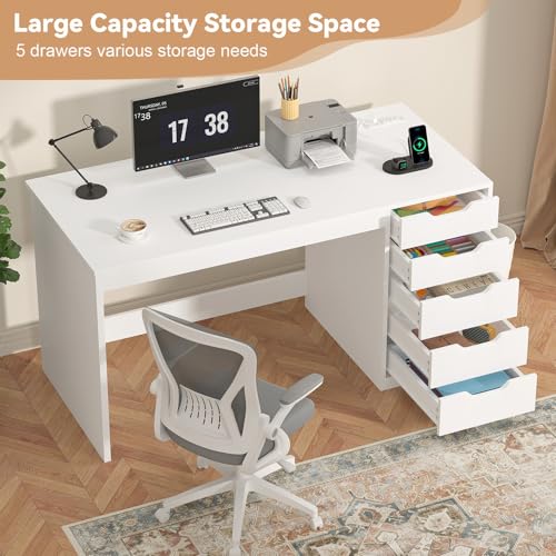 47 Inch Computer Desk with 5 Drawers and Power Outlets for Small Spaces - color: White, size: 47inch-5drawers