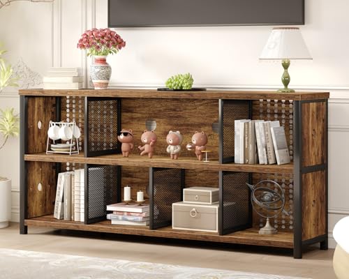 LVB Horizontal Bookshelf, 63 Inch Industrial Wood Bookshelves, Rustic Brown | Bookcase Cube Storage Organizer, Wide Large Metal Office Shelf, Farmhouse Low Long Book Shelf for Home Bedroom Living Room - color: Rustic Brown