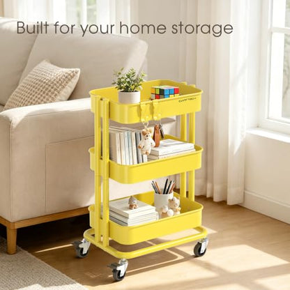 3 Tier Rolling Cart Metal Utility Cart with Lockable Wheels Home Office - color: Yellow, size: Small