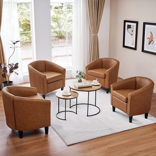 Topeakmart Faux Leather Accent Chair Set of 2, 300 lb Cap, Brown | Set of 2 PU Leather Barrel Chairs, U-shaped Backrest, Foam Seat, 18" Seat Height, Solid Wood Legs - color: Brown, size: Set of 2