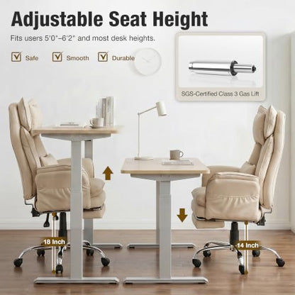 Executive Leather Criss Cross Office Chair with Foot Rest &Flip Arms | Big and Tall 155° Reclining Desk Chair with Wide Seat for Cross Legged Sitting for Home Office, PU Leather, 400LBS - color: Khaki
