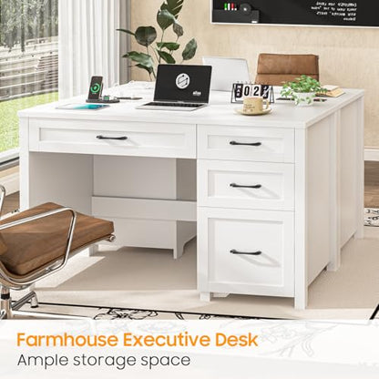 Farmhouse 47" Executive Desk, Computer Desk with File Drawer, Cream White - color: Cream White, size: Right Mounted