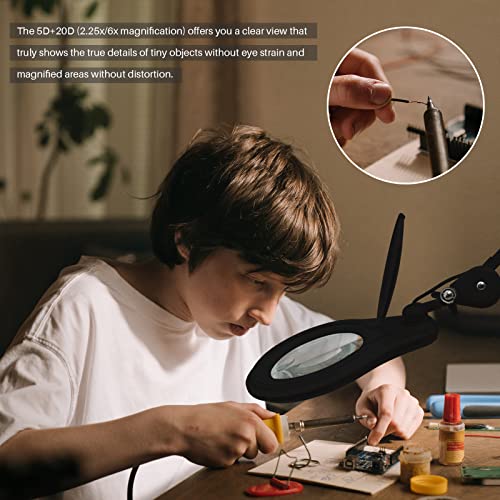 Bifocal LED Magnifying Lamp with Clamp, 14W 1200LM, Black | 5-inch bifocal glass lens with 60 SMD LEDs provides 2.25X & 6X magnification and 4 brightness levels - color: Black