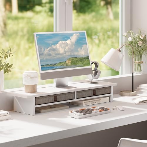 Fenge 35 Inch Monitor Stand with Drawer Storage, Computer Riser for Desk - color: White