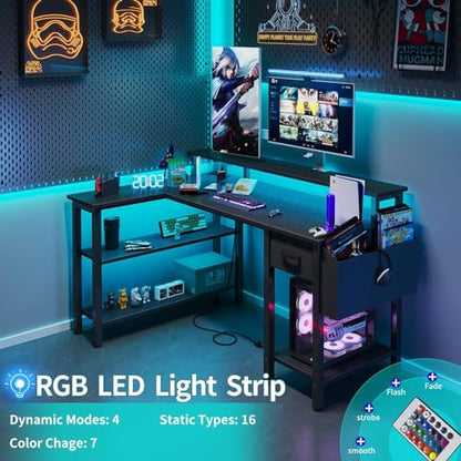 Lufeiya L Shaped Gaming Desk with Storage Shelves, 47 inch Home Office Desk with Monitor Stand, Computer Desk with LED Lights,Power Outlets and Fabric Drawers, Black - color: Black