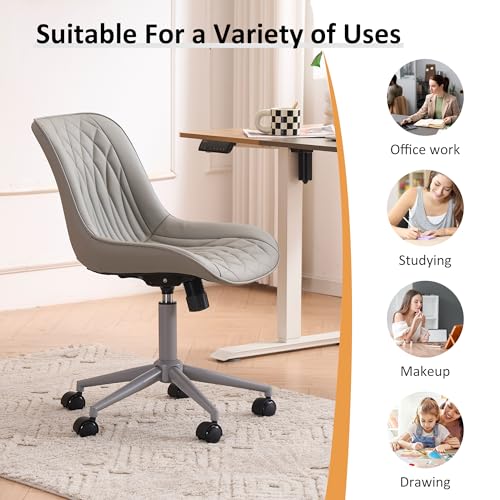 YOUNIKE Faux Leather Office Desk Chair Comfy Vanity Chair Armless Grey | Ergonomic Upholstered Rocking Back, Swivel with Wheels, Height Adjustable, Modern Task Chair For Computer Sewing Drafting - color: All Grey