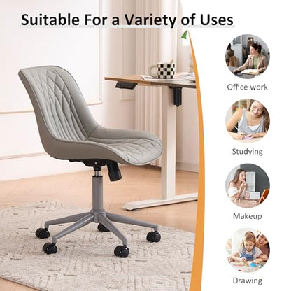 YOUNIKE Faux Leather Office Desk Chair Comfy Vanity Chair Armless Grey | Ergonomic Upholstered Rocking Back, Swivel with Wheels, Height Adjustable, Modern Task Chair For Computer Sewing Drafting - color: All Grey