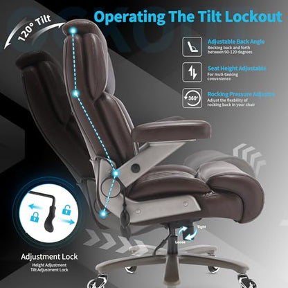 Big and Tall Office Chair 700lbs, Ergonomic High Back Computer Desk Chair | Adjustable Headrest&Lumbar Support, 3D Flip Arms, Large Wheels, Heavy Duty Metal Base, Thick Padded Wide Seat Executive Chair - color: Brown