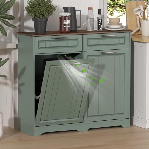 Double 10 Gallon Tilt Out Trash Can Cabinet with Deodorizing Function and Power Outlet, Wooden Hidden Garbage Can Holder with 2 Storage Drawers for Kitchen, Laundry Hamper Cabinet for Bathroom, Green - color: Green, size: 13.11"D x 40.16"W x 35.2"H(Double
