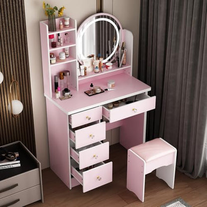 ECACAD Vanity Desk Set with LED Lighted Round Mirror, Makeup Dressing Table with 5 Drawers, Storage Shelves & Cushioned Stool for Bedroom, Pink - style: Pink-With Light