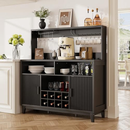 Fluted Buffet Cabinet with Storage, Modern Coffee Bar Cabinet, Black - color: Black, size: Coffee Bar - 15.6"D x 47.2"W x 49.6"H