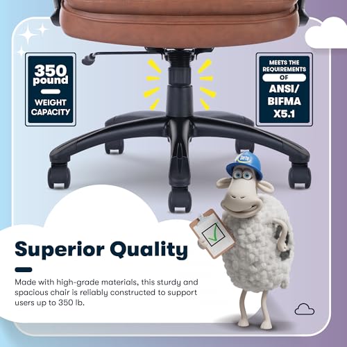 Serta Fairbanks Big & Tall Executive Office Chair, Ergonomic High-Back with Lumbar Support, Semi-Plush Seat Cushion and Body Pillows, Padded Armrests, Nylon Swivel Base, Bonded Leather, Cognac Brown - color: Cognac, size: 350 lbs
