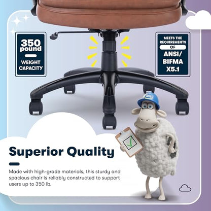 Serta Fairbanks Big & Tall Executive Office Chair, Ergonomic High-Back with Lumbar Support, Semi-Plush Seat Cushion and Body Pillows, Padded Armrests, Nylon Swivel Base, Bonded Leather, Cognac Brown - color: Cognac, size: 350 lbs