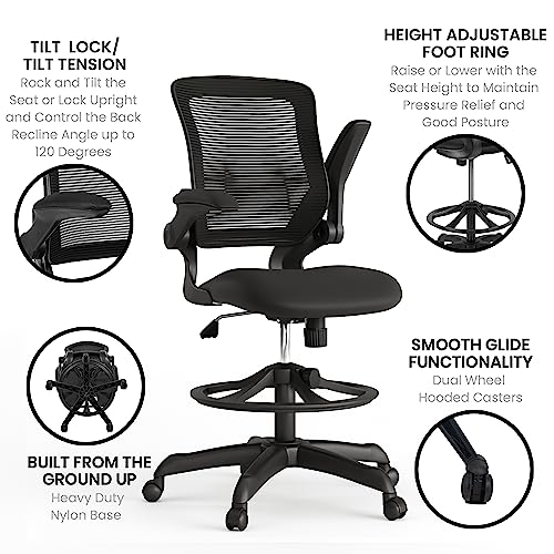 EMMA + OLIVER Mid-Back Black Mesh Drafting Chair - color: Black