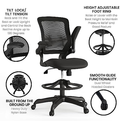 EMMA + OLIVER Mid-Back Black Mesh Drafting Chair - color: Black