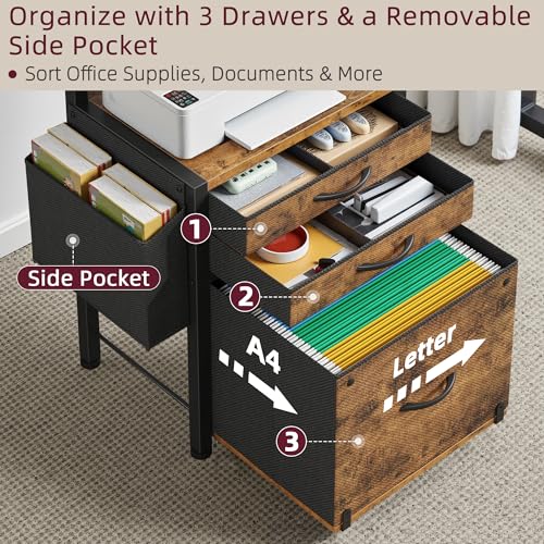 3-Drawer File Cabinet, Rustic Brown,16.5" W | Side Bag & File Drawer, A4/Letter Size Compatible, Vertical Printer Table, Storage for Home Office
