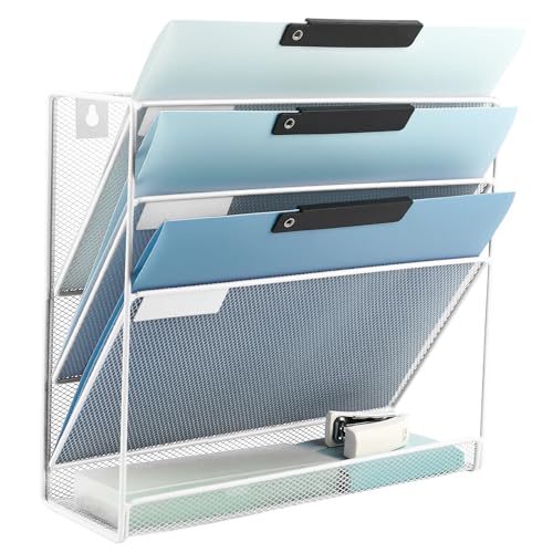 Desk File Organizer Mesh 4-Tier, Hanging Wall Mount Document Organization Stand, Desktop Vertical Mail Paper Folder Holder Rack with Bottom Tray for Office Home Cubicle Countertop, White - color: White, size: 4 Tier