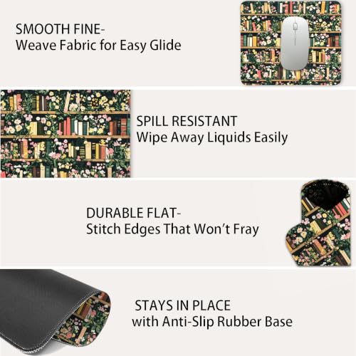 Mouse Pad for Desk with Stitched Edge, Premium Cute Washable Mouse Pads. Computer Mousepad with Non-Slip Rubber Base, Mousepads for Laptop, 9.25x7.75x0.12 inch (Bookish Blooms) - color: Bookish Blooms