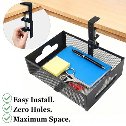 Under Desk Organizer 360° Swivel,No-Drill Clamp-On,Holds Up to 7lbs | 360° rotation,no-drill clamp,holds up to 7lbs, cup holder,mesh storage,office/kitchen/art use - size: without holder cup