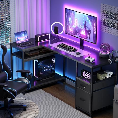 YATINEY L Shaped Computer Desk with Adjustable Monitor Stand, Gaming Desk with Power Outlets, Office Desk with Fabric Drawer, File Drawer and Hook, for Living Room, Home Office, Black DN03UBB