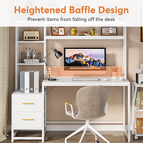 Tribesigns 55 Inch Computer Desk with 2 Drawers and Storage Shelves, Rustic Office Desk with Hutch, Study Writing Gaming Table Laptop Workstation for Home Office (White) - color: White