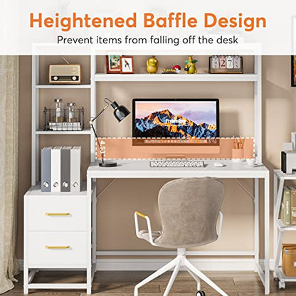 Tribesigns 55 Inch Computer Desk with 2 Drawers and Storage Shelves, Rustic Office Desk with Hutch, Study Writing Gaming Table Laptop Workstation for Home Office (White) - color: White