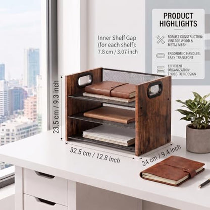 Desk Organizer - 3 Tier Wood & Metal Mesh Desktop Organizer for Office, Home, School, Workspace, Office Desk Organzier for Papers, Mail, Notebooks, Stationery - size: 3 Tier