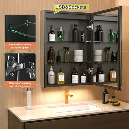 20 * 28 Right Hinge LED Bathroom Mirror Cabinet, Aluminum Medicine Cabinet | Light Adjustable, Sockets & USBs inside, Anti-Fog, Easy to Install - color: 20*28 Right Hinge