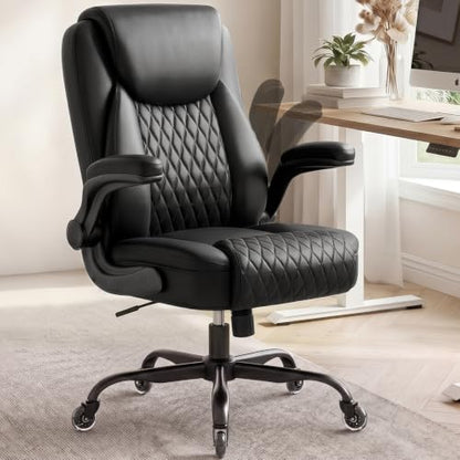 COMHOMA Mid-Back Office Chair, Ergonomic PU Desk Chair with Flip up Arms, Small Computer Gaming with Comfy Lumbar Support,Rocking Function,Sturdy Metal Base, Black - color: Black