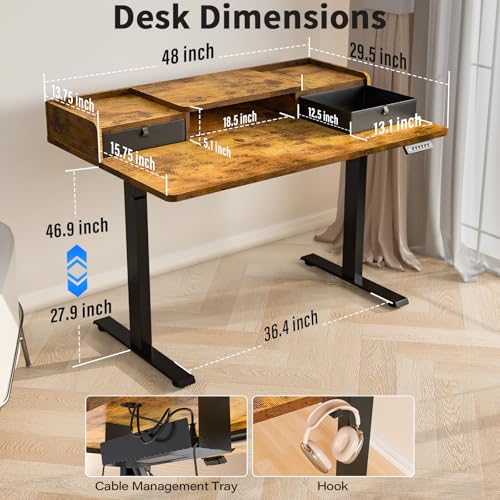 Kingant Standing Desk with Dual Drawers,Electric Height Adjustable 48"x 30" | Built-in USB A&C Charging ports Large Workstation, Heavy-Duty Sit Stand Up Desk For Home Office Daily Work,Rustic Brown - color: Rustic Brown, size: 48" x 30"