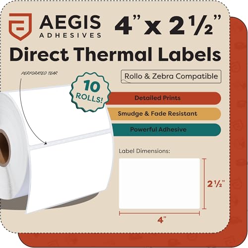 4" X 2.5" Direct Thermal Labels (5750 Count, 10 Rolls) | Inventory Barcode Stickers, SKU Labels, and Shipping Stickers - Compatible With Zebra and Rollo Printers - Aegis Adhesives - size: 4" X 2.5"