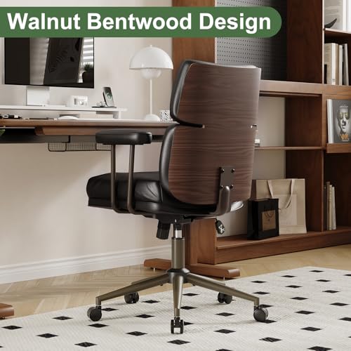 Mid-Century Modern Ergonomic Office Chair, Mid Back & Tufted, Black | Faux Leather Executive Desk Chair, Walnut Bentwood Frame, Tufted Design, Swivel Computer Chair for Home Office, 300LBS Cap - color: Black, size: Mid Back Style