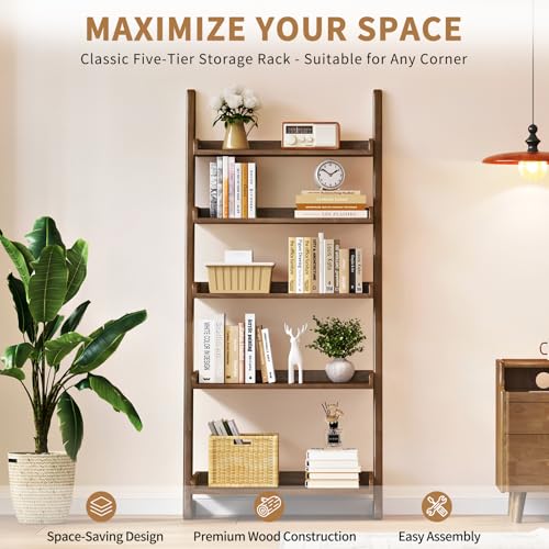 Uniclinens Walnut Wooden Ladder Shelf, 5-Tier Ladder Shelf Bookcase, Ladder Bookshelf for Compact Spaces, Solid Wood Bookshelf for Living Room, Bedroom, Home Office,(23.6''Dx15.7''Wx55.1''H)